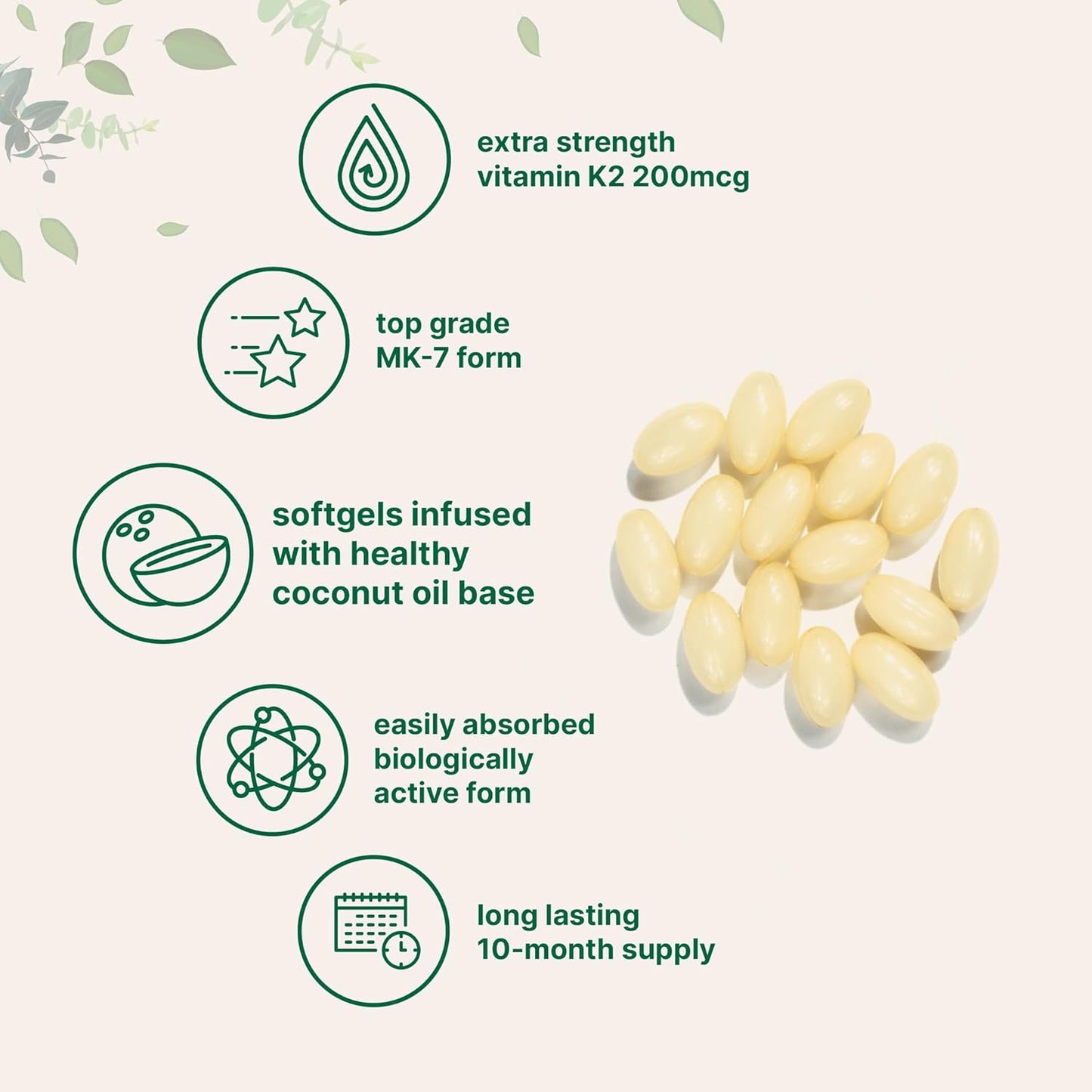 Vitamin K2 MK-7 Supplement with Coconut Oil Softgels for Immune, Joint, & Heart Support - 200 mcg Per Serving, Easily Absorbed Formula