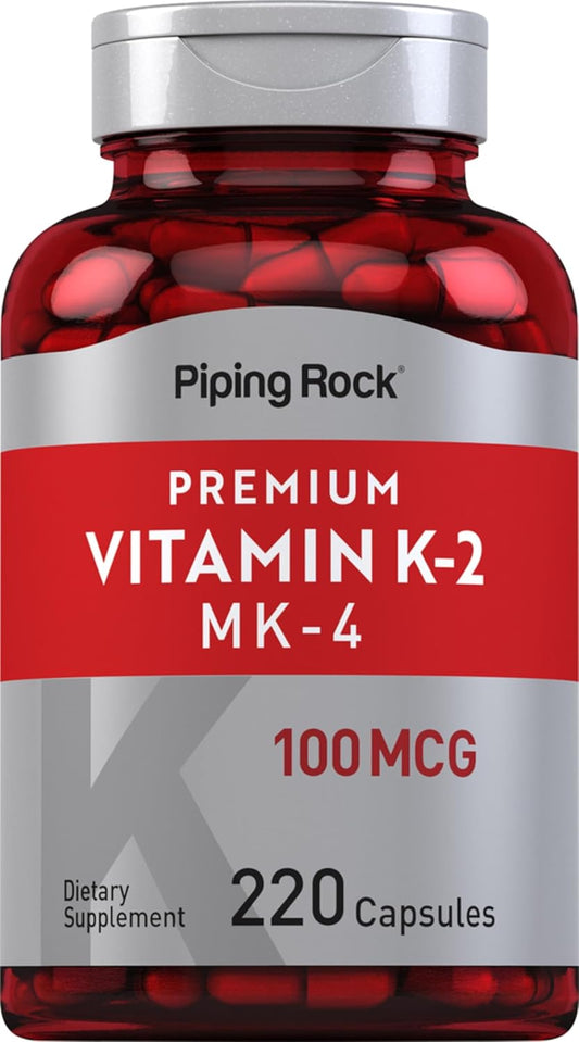 Vitamin K2 MK4 Supplement 100mcg - 220 Capsules - Non GMO & Gluten Free - Piping Rock