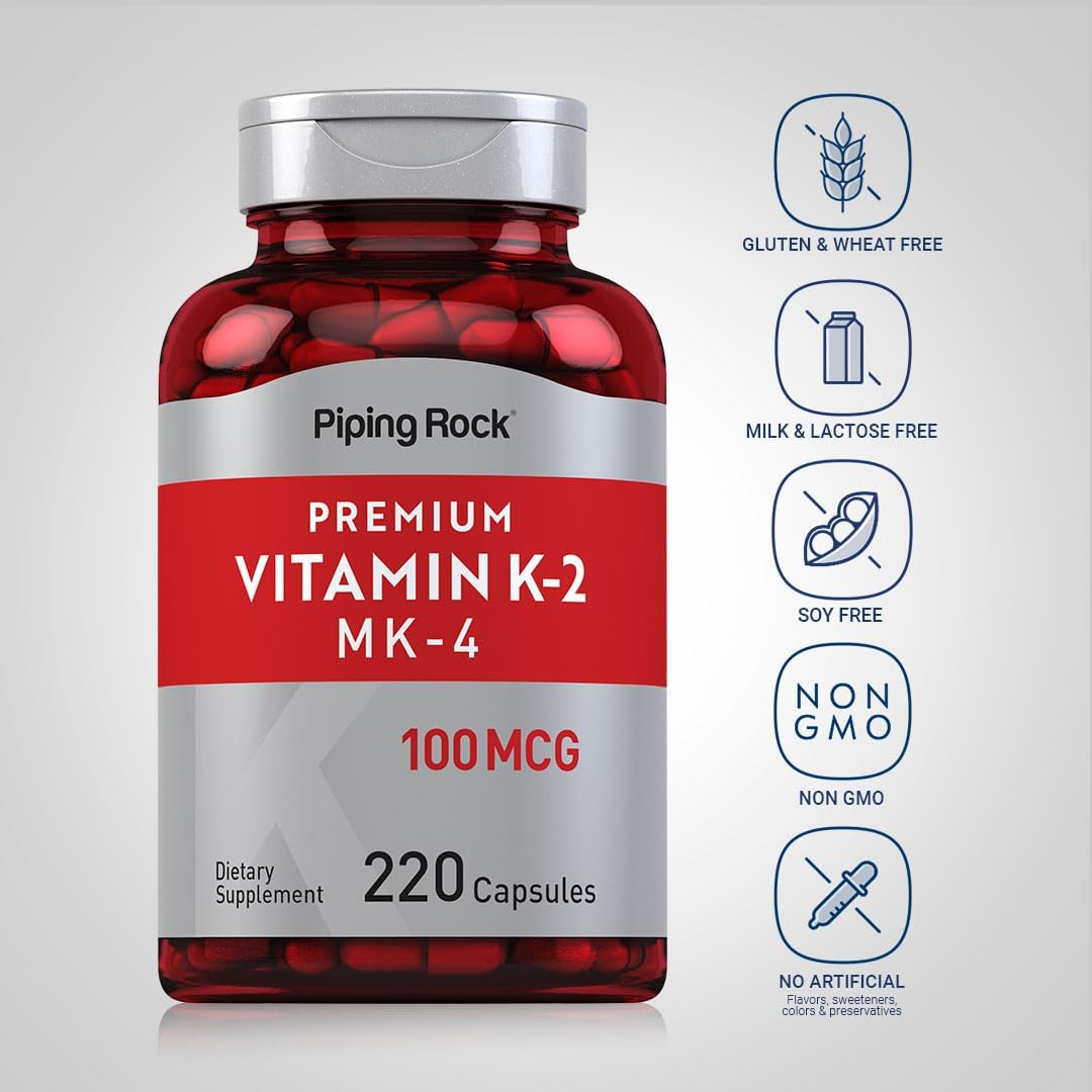 Vitamin K2 MK4 Supplement 100mcg - 220 Capsules - Non GMO & Gluten Free - Piping Rock