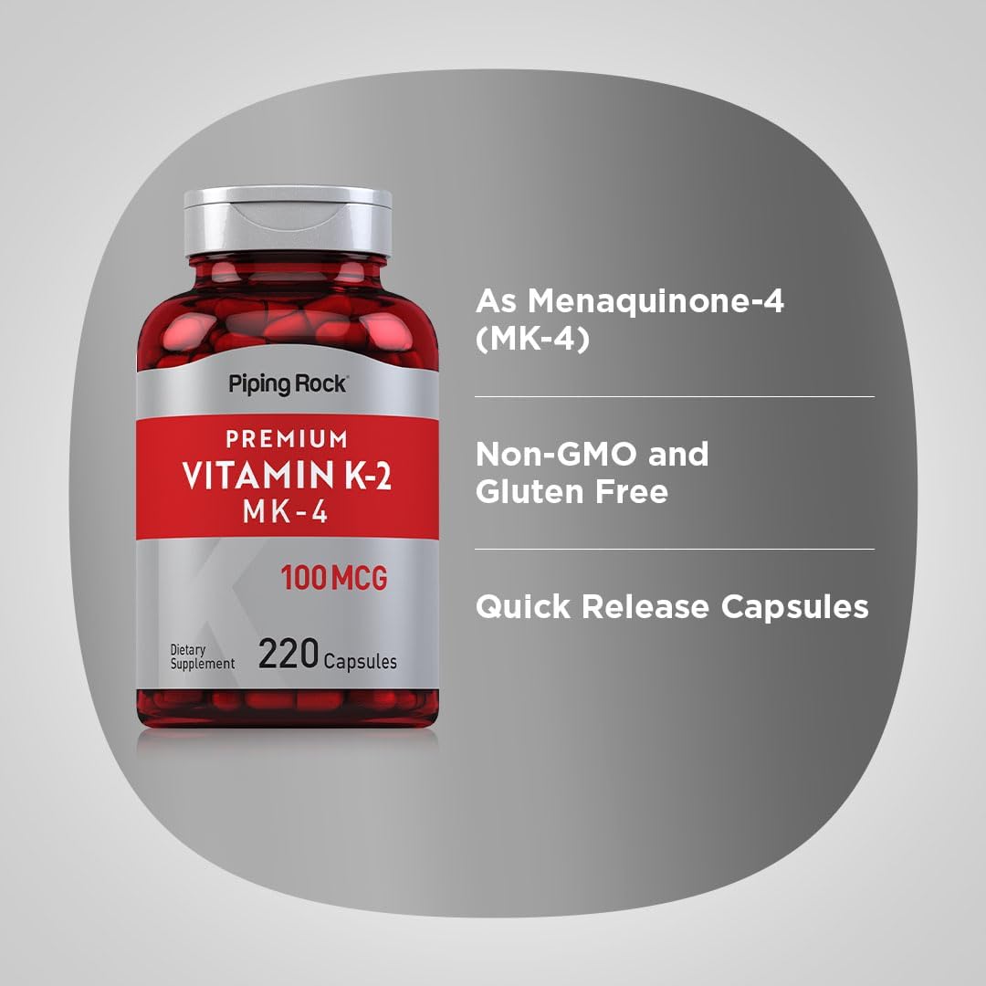 Vitamin K2 MK4 Supplement 100mcg - 220 Capsules - Non GMO & Gluten Free - Piping Rock