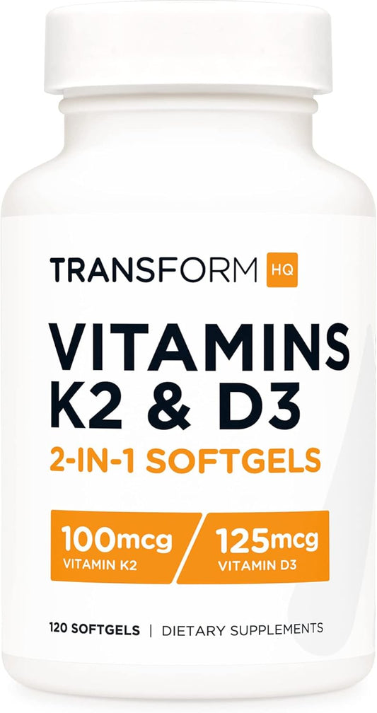 Vitamin K2 (MK7) 100mcg + Vitamin D3 5000 IU Softgels - Gluten Free & Non-GMO - 120 Count