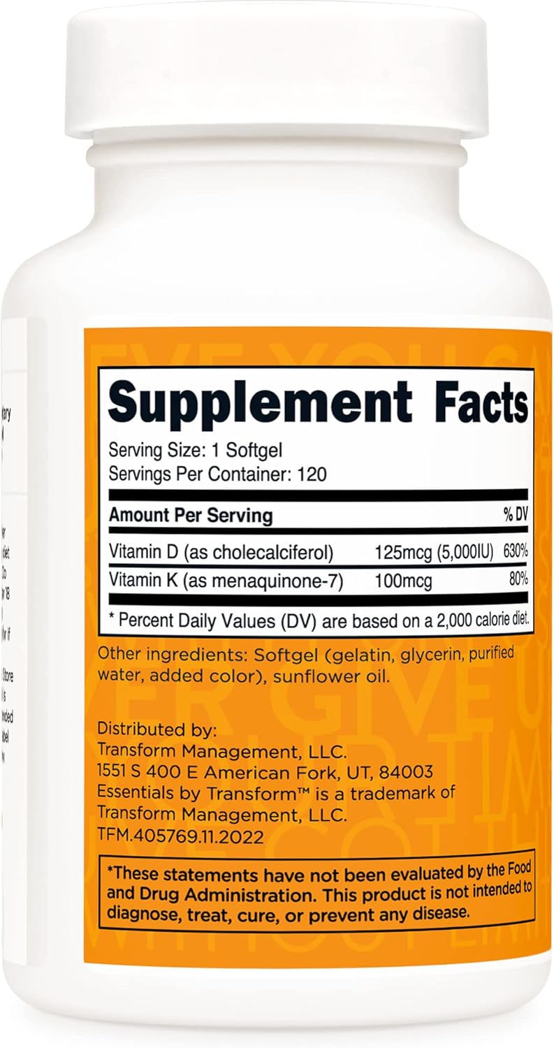 Vitamin K2 (MK7) 100mcg + Vitamin D3 5000 IU Softgels - Gluten Free & Non-GMO - 120 Count
