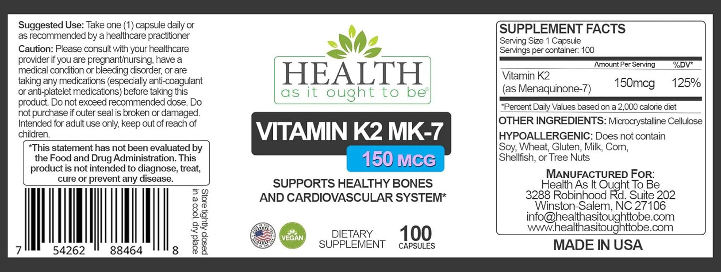 Vitamin K2 MK7 150mcg Supplement for Optimal Health | Supports Vitamin D | Soy Free | High Purity | 100 Capsules