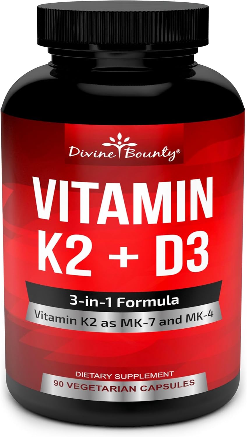 Vitamin K2 (MK7 & MK4) with D3 Supplement - 100mcg MK-7, 500mcg MK-4, 5000 IU D3 - Bone & Heart Support - 90 Non-GMO Capsules