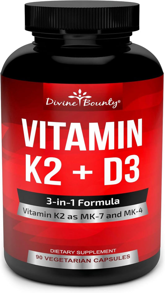 Vitamin K2 (MK7 & MK4) with D3 Supplement - 100mcg MK-7, 500mcg MK-4, 5000 IU D3 - Bone & Heart Support - 90 Non-GMO Capsules