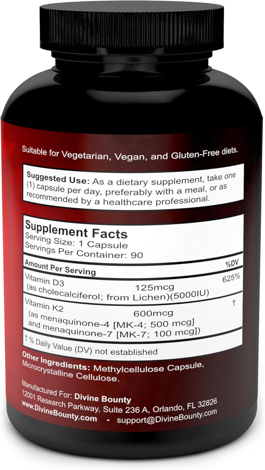 Vitamin K2 (MK7 & MK4) with D3 Supplement - 100mcg MK-7, 500mcg MK-4, 5000 IU D3 - Bone & Heart Support - 90 Non-GMO Capsules