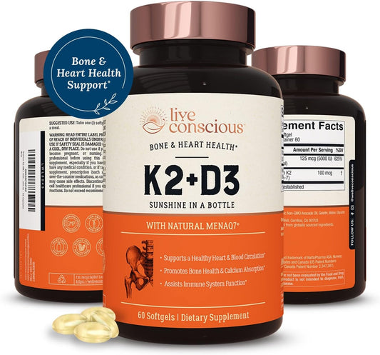 Vitamin K2 MK7 with D3 Supplement for Bone & Heart Health - Patented Formula with 5000 IU Vitamin D3 - 60 Softgels