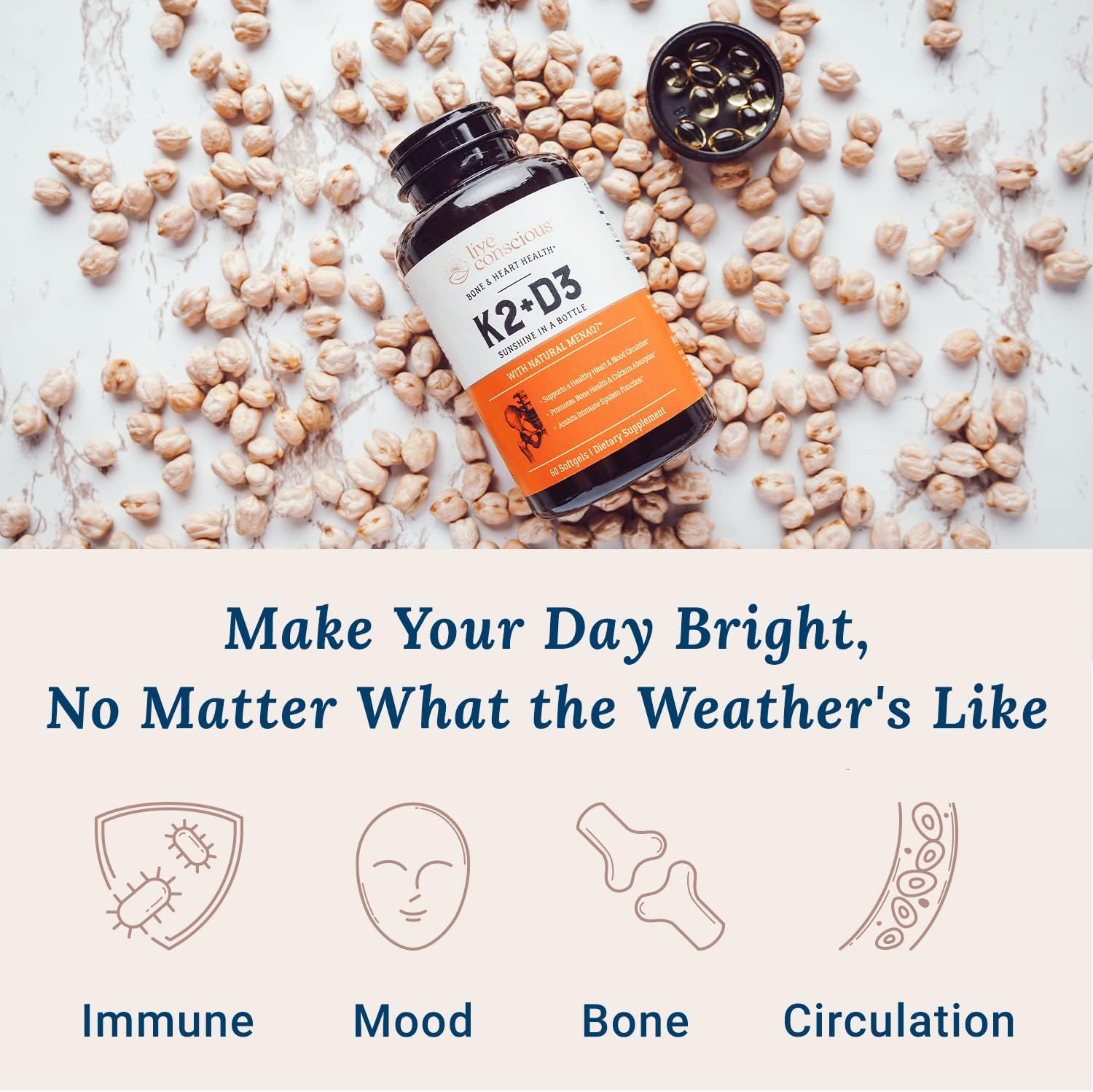 Vitamin K2 MK7 with D3 Supplement for Bone & Heart Health - Patented Formula with 5000 IU Vitamin D3 - 60 Softgels