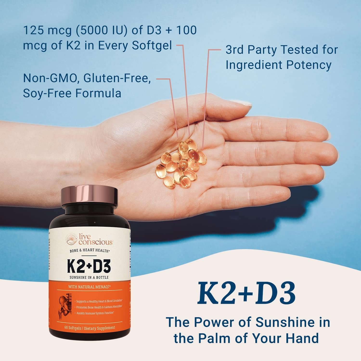 Vitamin K2 MK7 with D3 Supplement for Bone & Heart Health - Patented Formula with 5000 IU Vitamin D3 - 60 Softgels