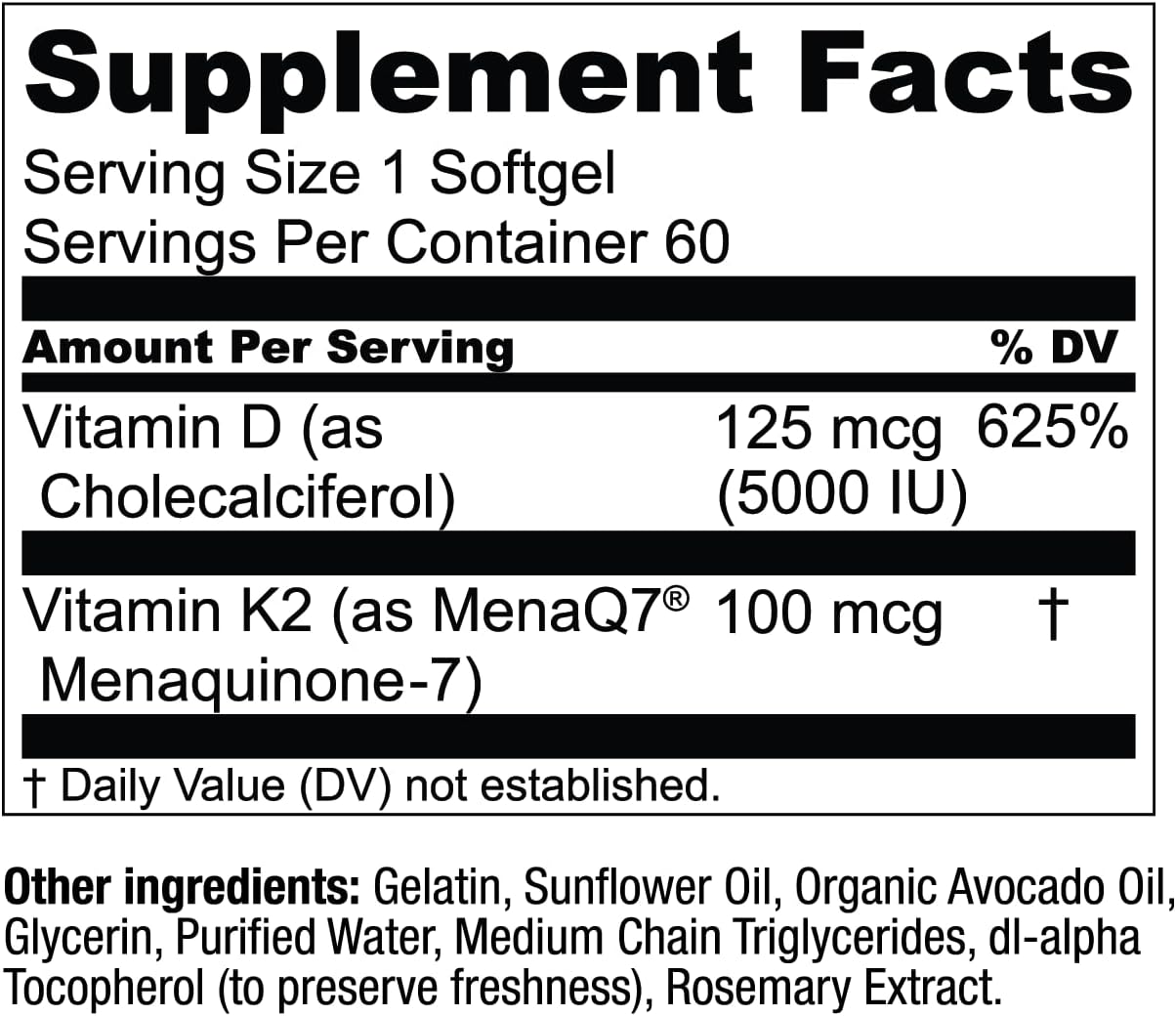 Vitamin K2 MK7 with D3 Supplement for Bone & Heart Health - Patented Formula with 5000 IU Vitamin D3 - 60 Softgels