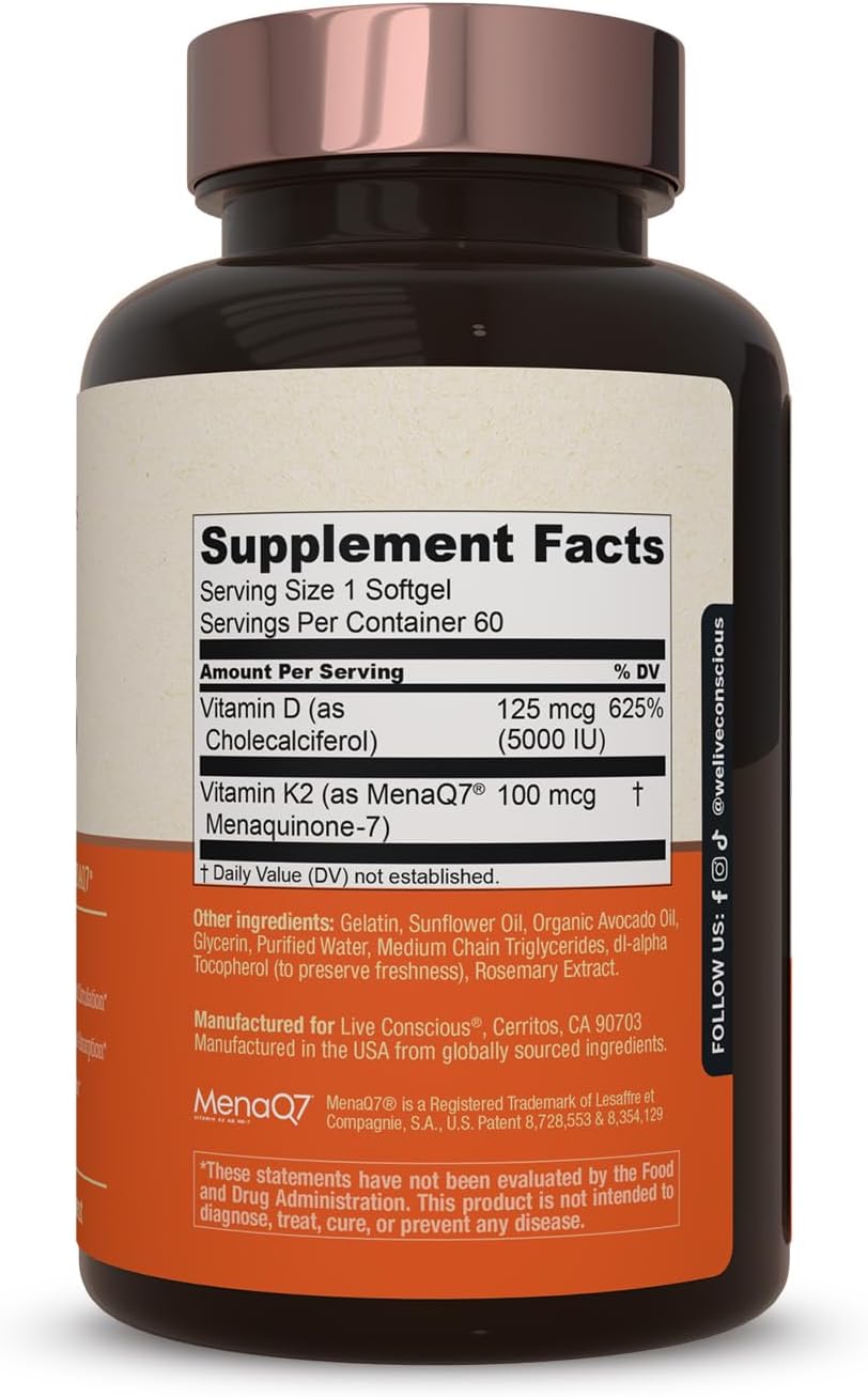 Vitamin K2 MK7 with D3 Supplement for Bone & Heart Health - Patented Formula with 5000 IU Vitamin D3 - 60 Softgels