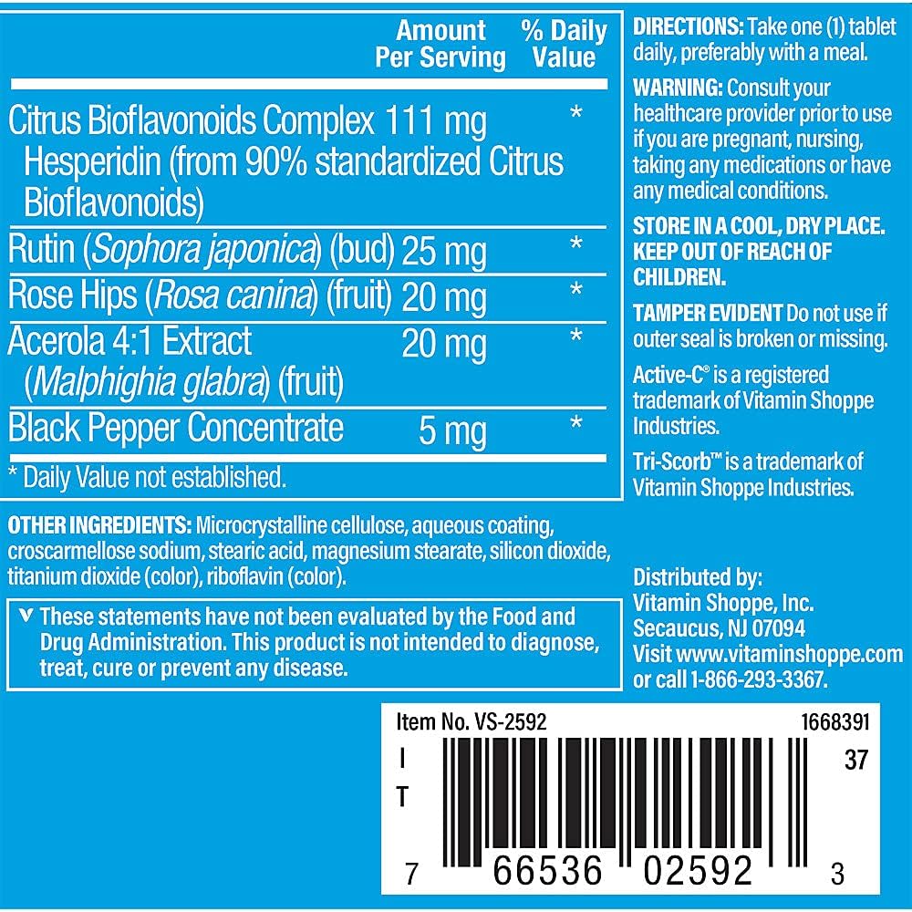 Vitamin Shoppe Active-C with Bioflavonoids - Immunity & Vascular Health Support - 500 MG (100 Tablets)