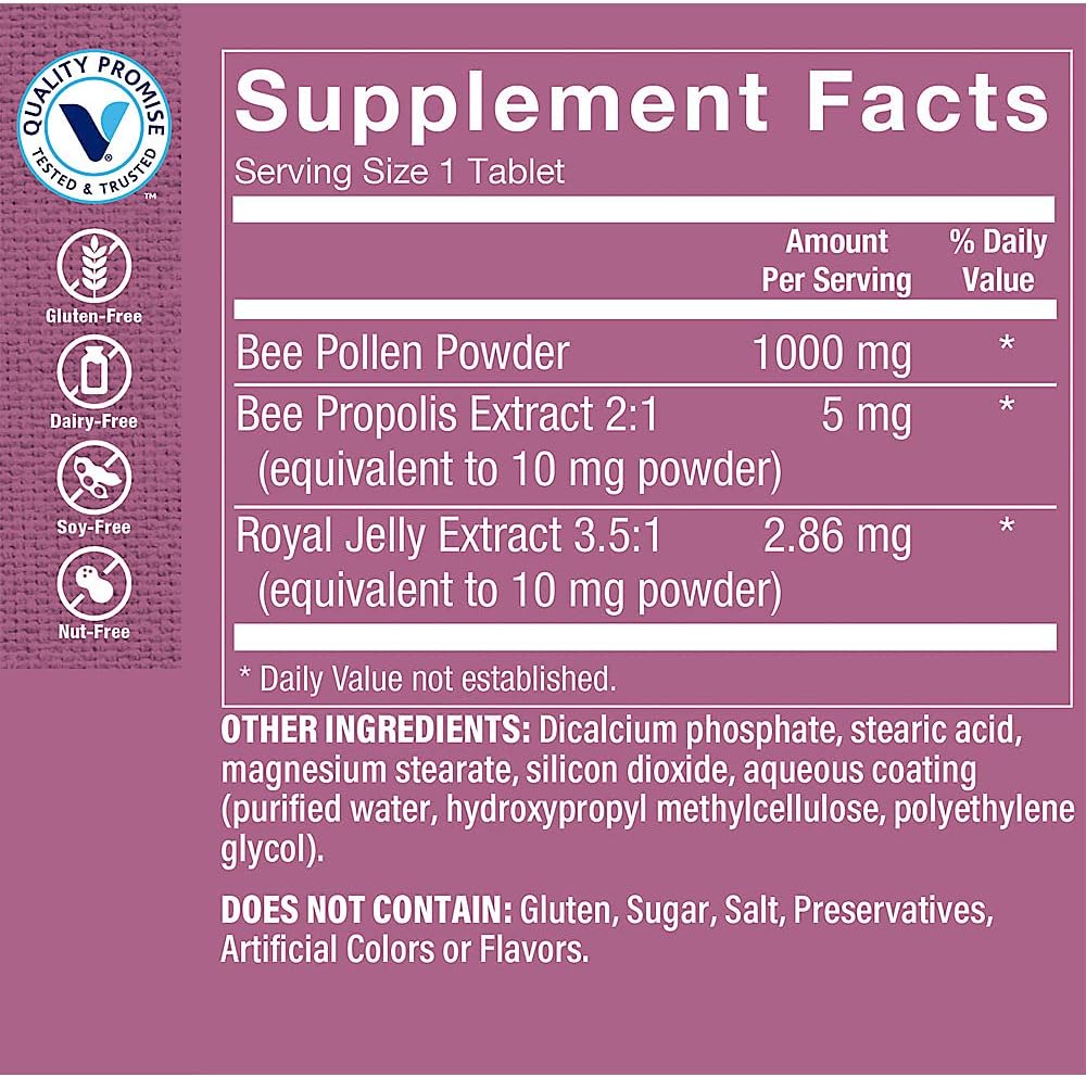 Vitamin Shoppe Bee Pollen Complex 1,000MG Tablets with Bee Propolis & Royal Jelly for Immune Support