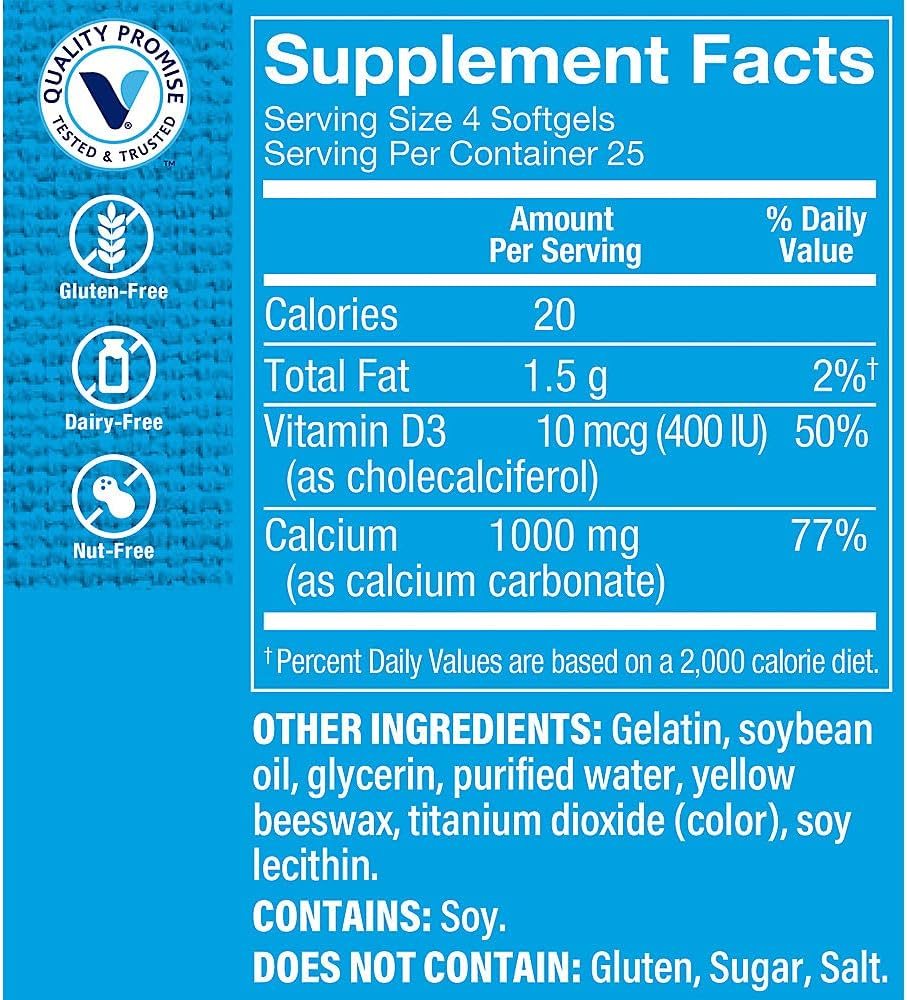 Vitamin Shoppe Calcium 1,000MG Softgels with Vitamin D for Bone & Teeth Support (100 Softgels)