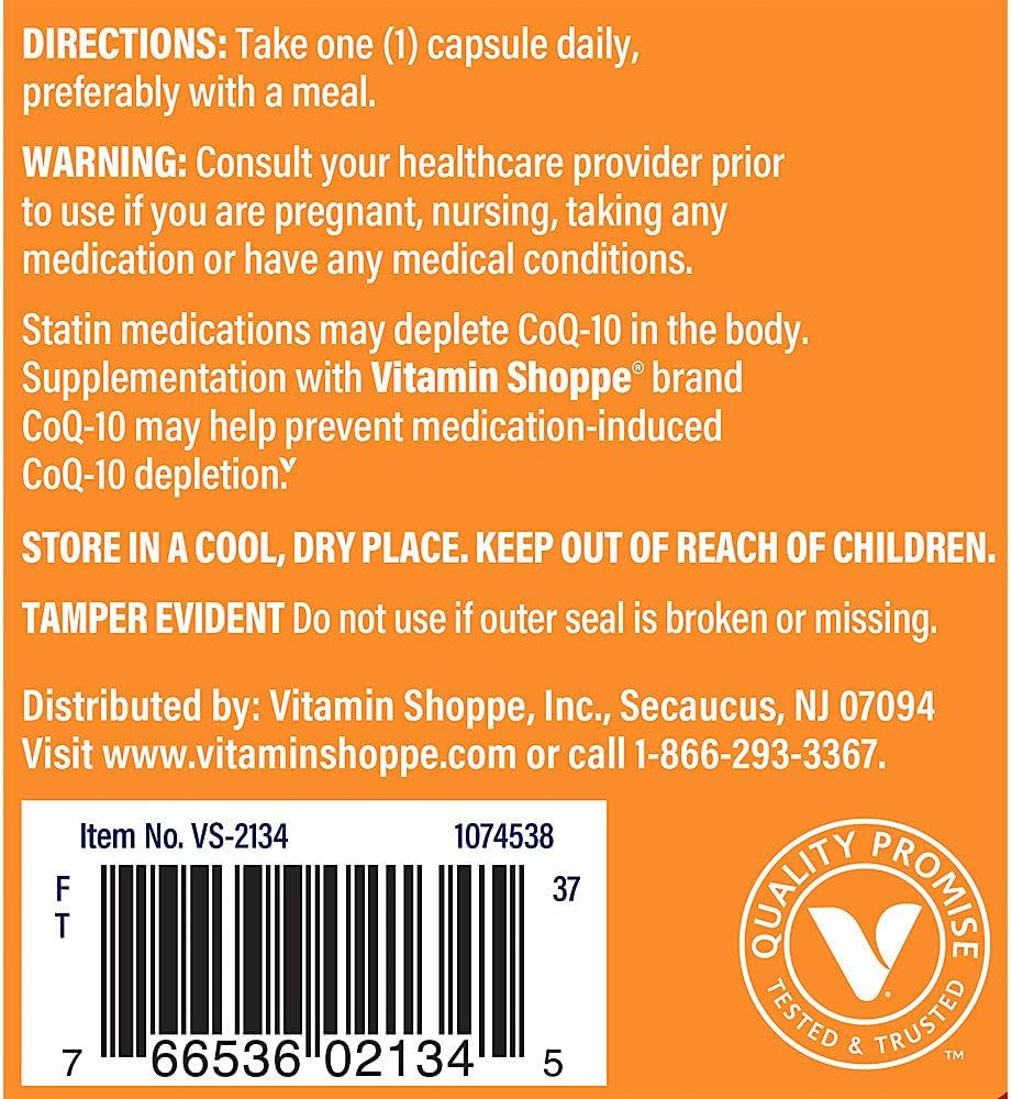 Vitamin Shoppe CoQ-10 200mg Capsules - Supports Heart Health, Cellular Health, and Energy Production - Antioxidant Supplement for Statin Users - 60 Count