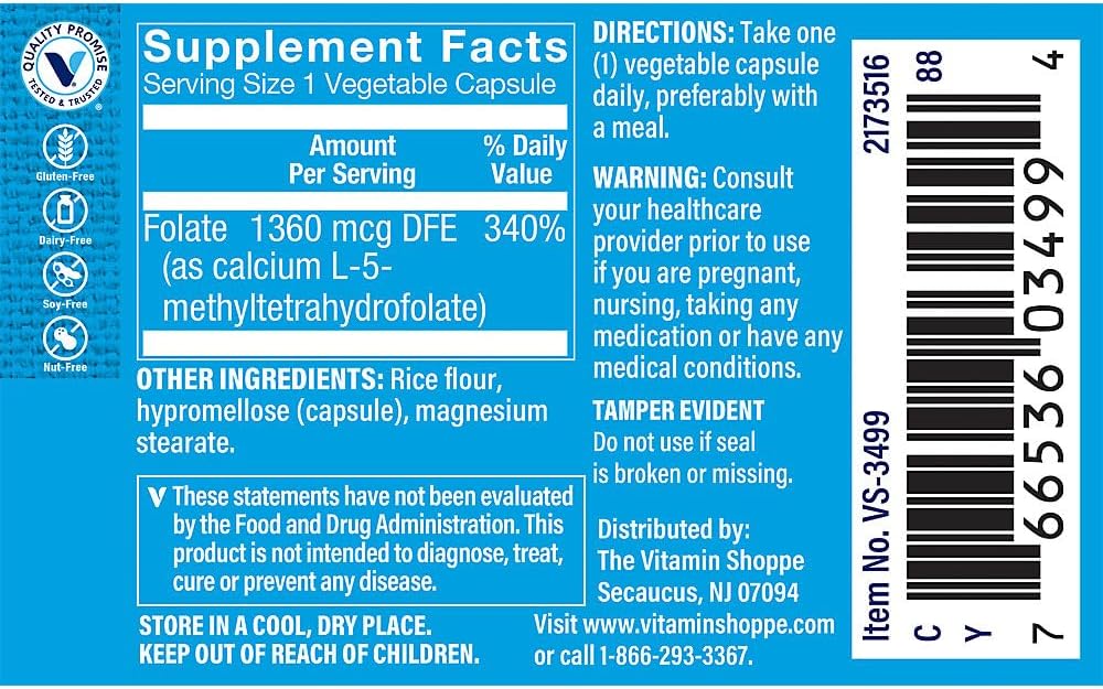 Vitamin Shoppe Methylfolate 800 MCG for Women's Health - Prenatal Support & Baby Development - 60 Capsules