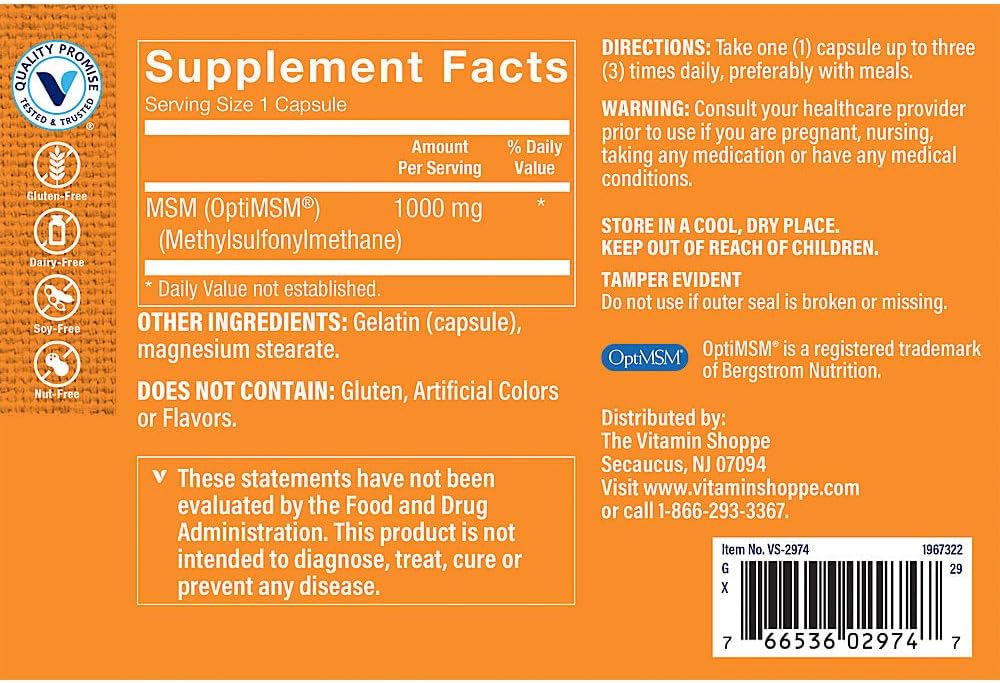 Vitamin Shoppe MSM 1,000 MG Capsules - 240 Count Bottle for Joint Health