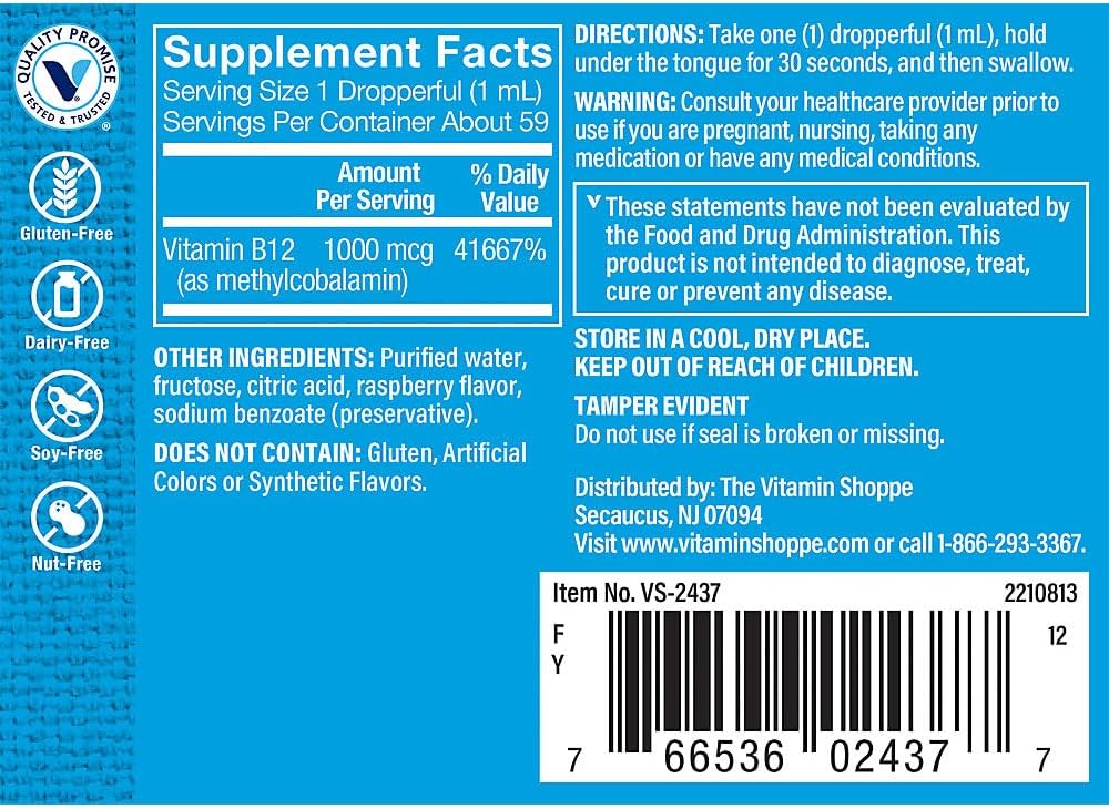 Vitamin Shoppe Raspberry Liquid B12 Methylcobalamin 1,000 MCG for Energy Production - 2 fl. oz.