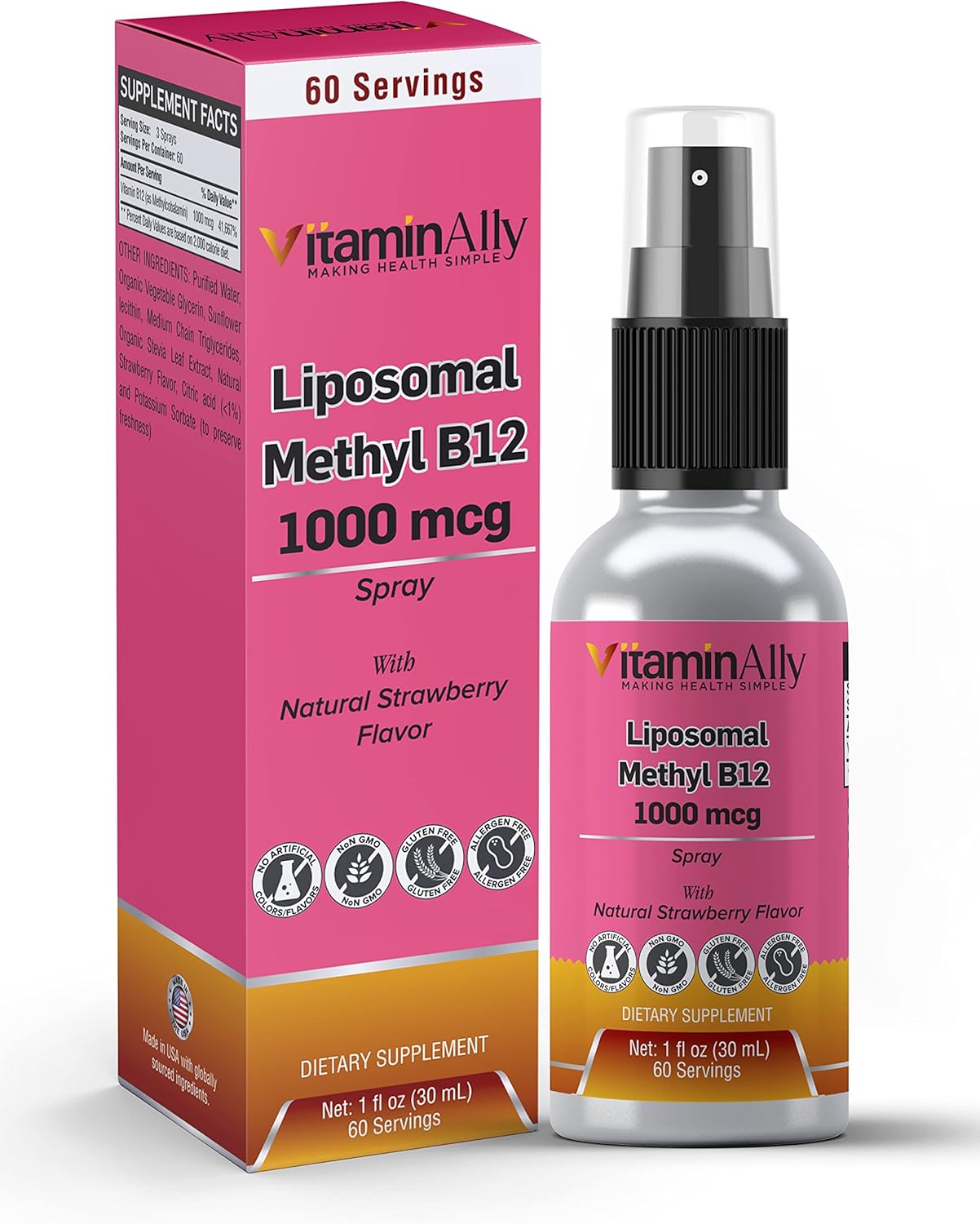Vitaminally B12 Liposomal Spray - 60 Servings, 2 Month Supply - 1 fl oz - Non-GMO, No Added Sugars, Gluten Free - Energy, Nerve Health, Brain Function Support - Travel Friendly