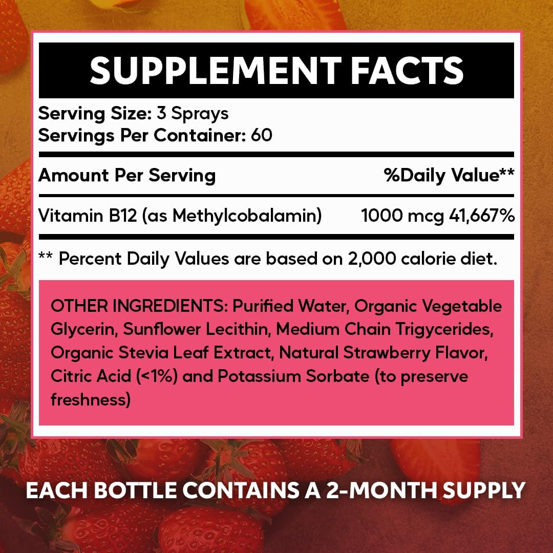 Vitaminally B12 Liposomal Spray - 60 Servings, 2 Month Supply - 1 fl oz - Non-GMO, No Added Sugars, Gluten Free - Energy, Nerve Health, Brain Function Support - Travel Friendly