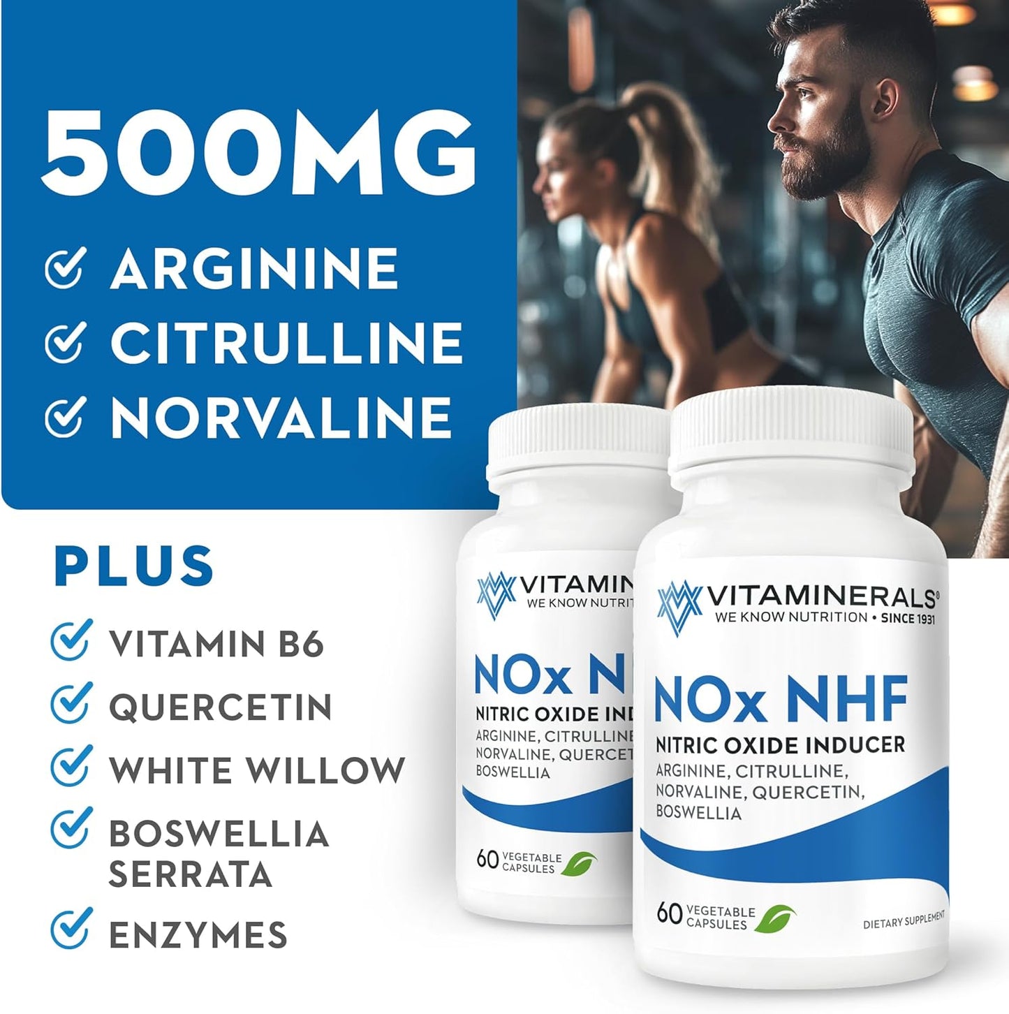 Vitaminerals 122 NOx NHF Supplement with L-arginine, L-citrulline, and Enzymes | 60 Veggie Capsules | 30 Servings