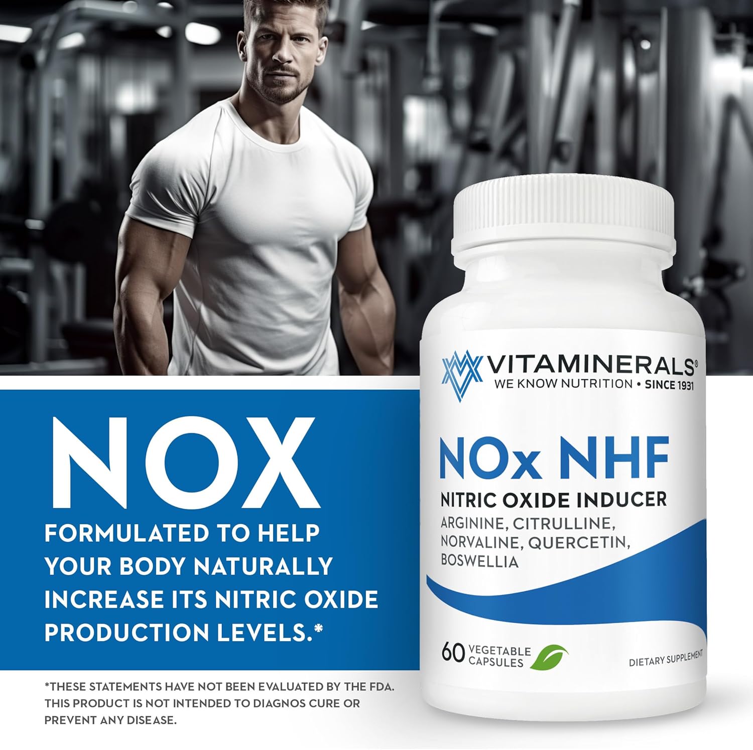 Vitaminerals 122 NOx NHF Supplement with L-arginine, L-citrulline, and Enzymes | 60 Veggie Capsules | 30 Servings