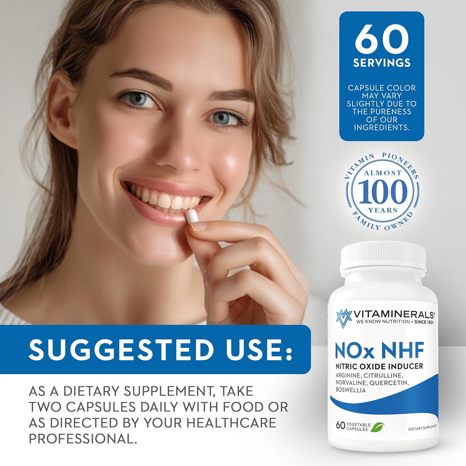 Vitaminerals 122 NOx NHF Supplement with L-arginine, L-citrulline, and Enzymes | 60 Veggie Capsules | 30 Servings