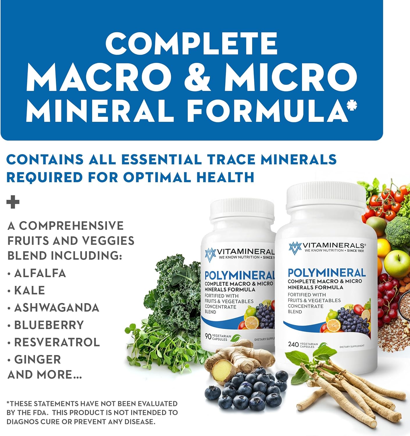 Vitaminerals 16 Polymineral Formula with 240 Veggie Caps - Comprehensive Mineral Supplement