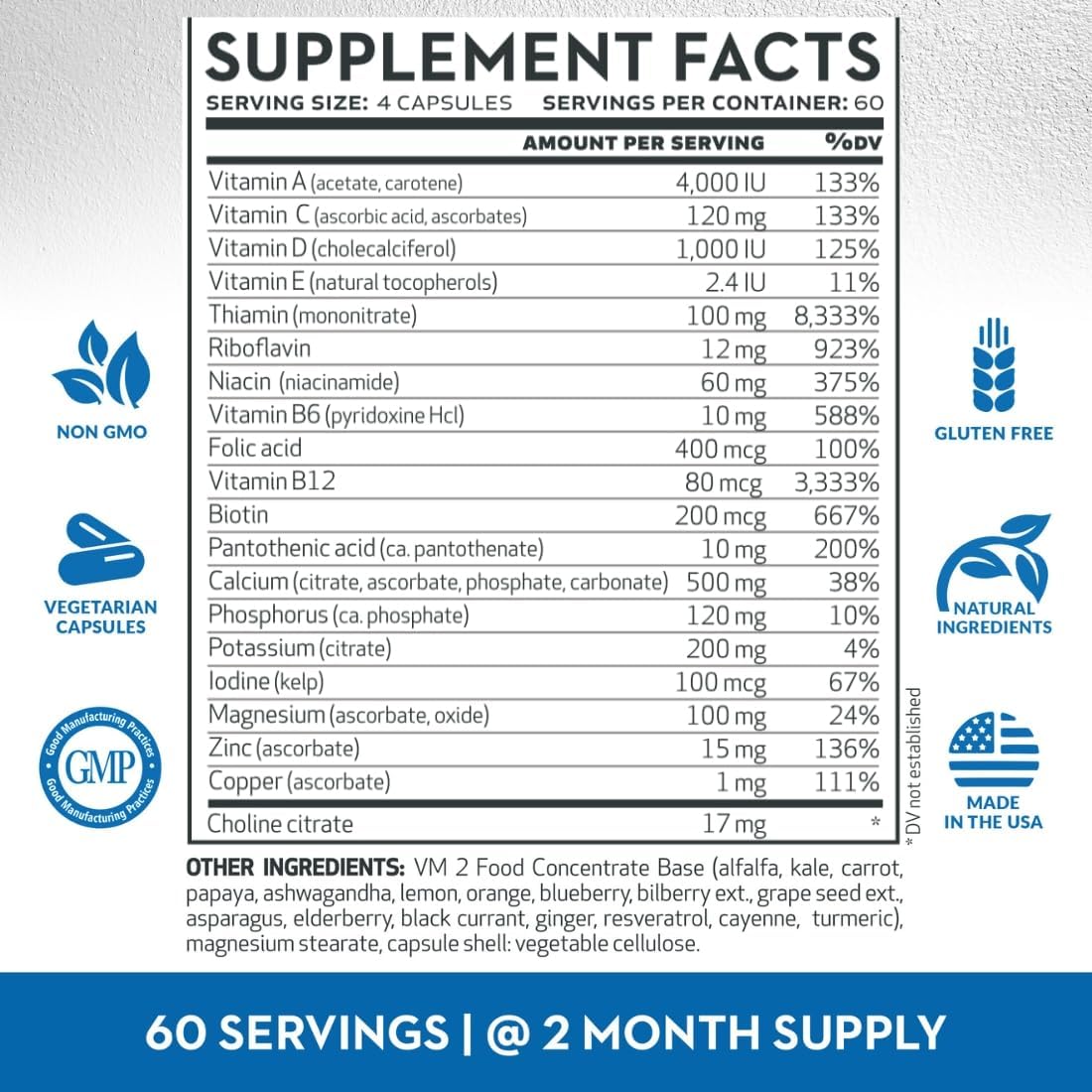 Vitaminerals 2BG+™ High Potency B Complex with Fruits & Veggies | Immune Support | 120 Veggie Caps