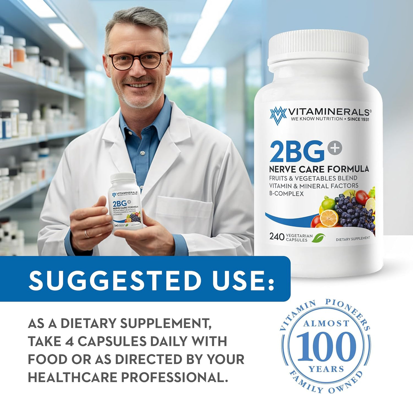 Vitaminerals 2BG+™ High Potency B Complex with Fruits & Veggies | Immune Support | 120 Veggie Caps
