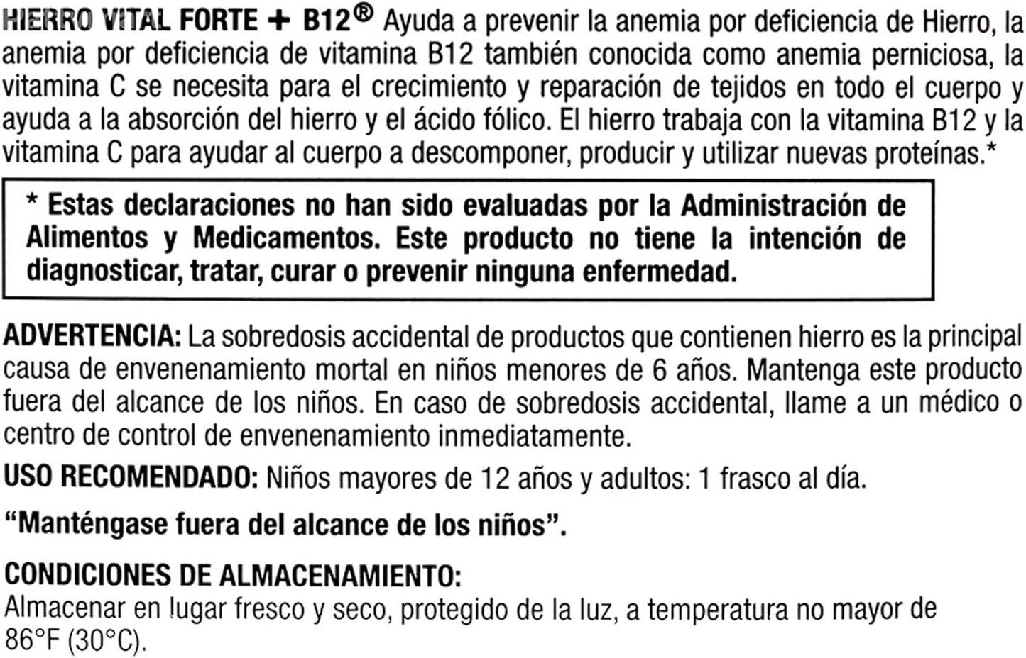 Vitaminized Hierro Vital Forte + B12 Supplement for Anemia Support, Absorption, and Protein Production - 21 Bottles of 0.51 fl oz Each