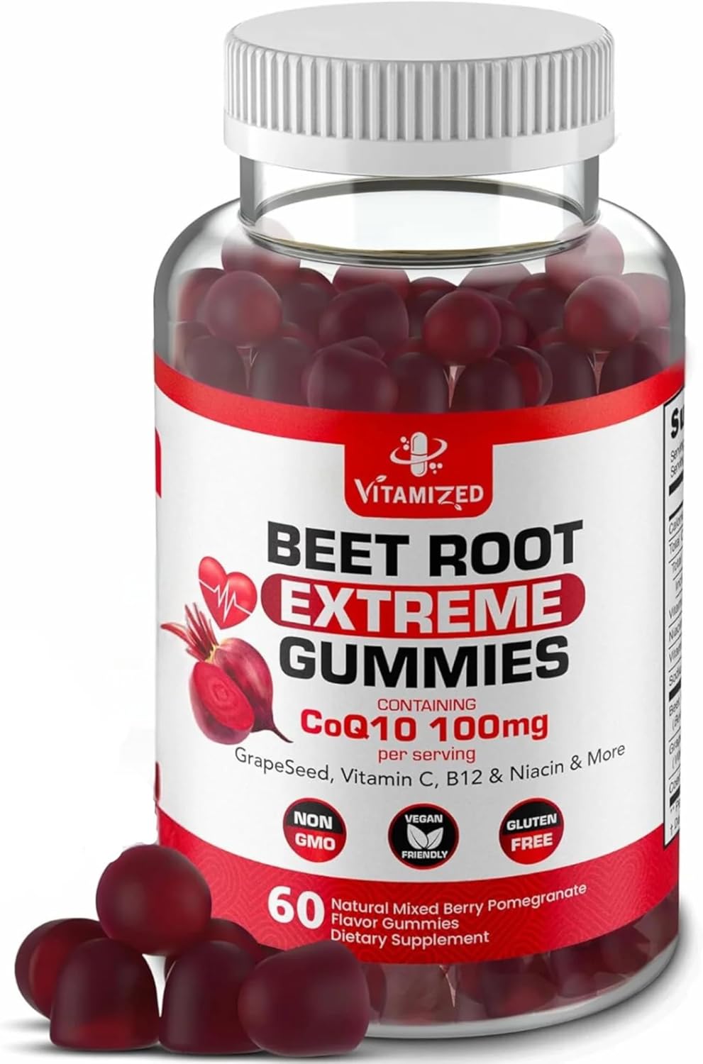 VITAMIZED Beetroot & COQ10 Gummies with Grape Seed Extract - 1500mg Circulation Energy Boost - Gluten Free - 60 Count