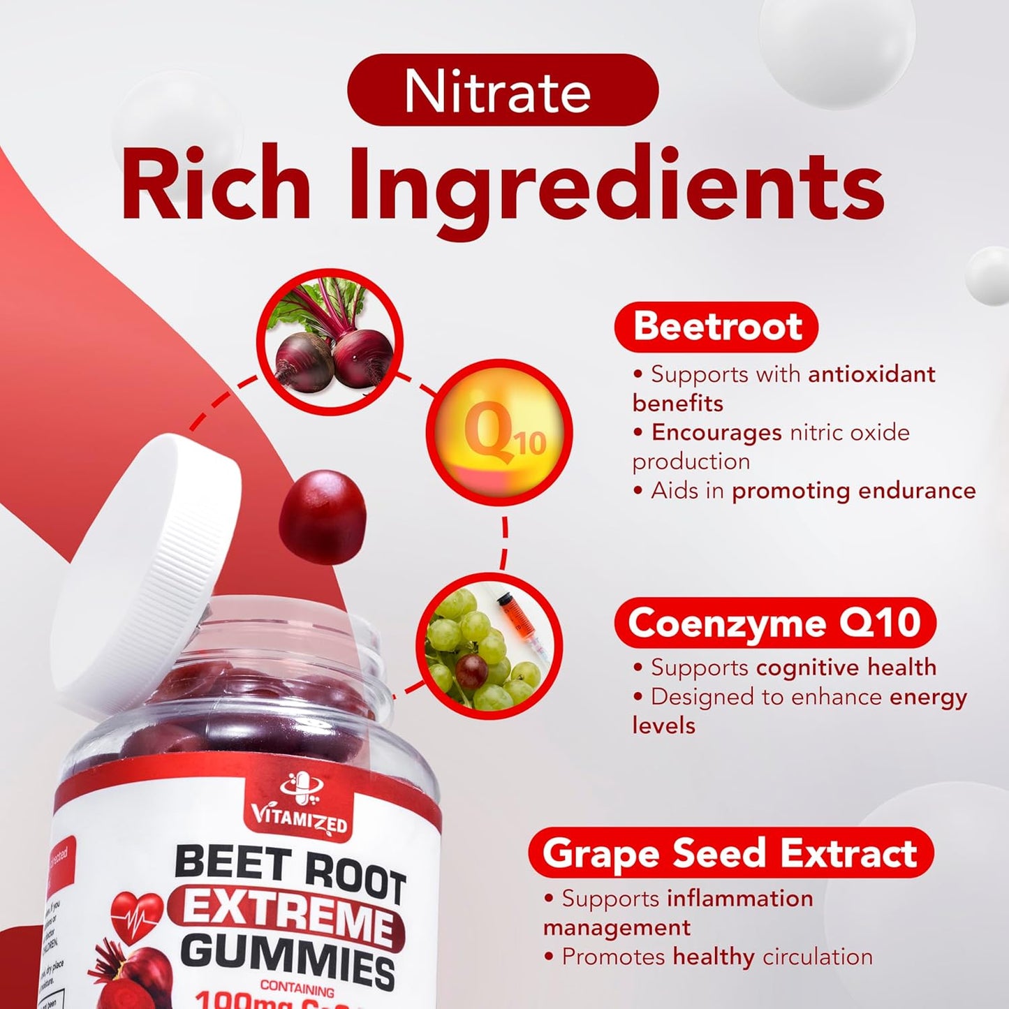 VITAMIZED Beetroot & COQ10 Gummies with Grape Seed Extract - 1500mg Circulation Energy Boost - Gluten Free - 60 Count