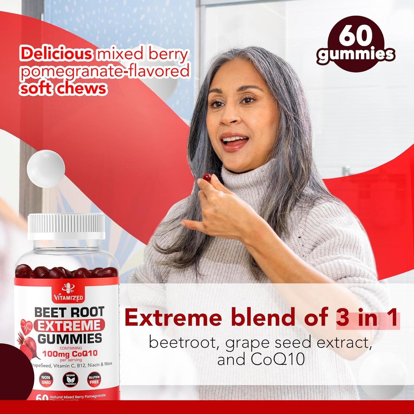 VITAMIZED Beetroot & COQ10 Gummies with Grape Seed Extract - 1500mg Circulation Energy Boost - Gluten Free - 60 Count