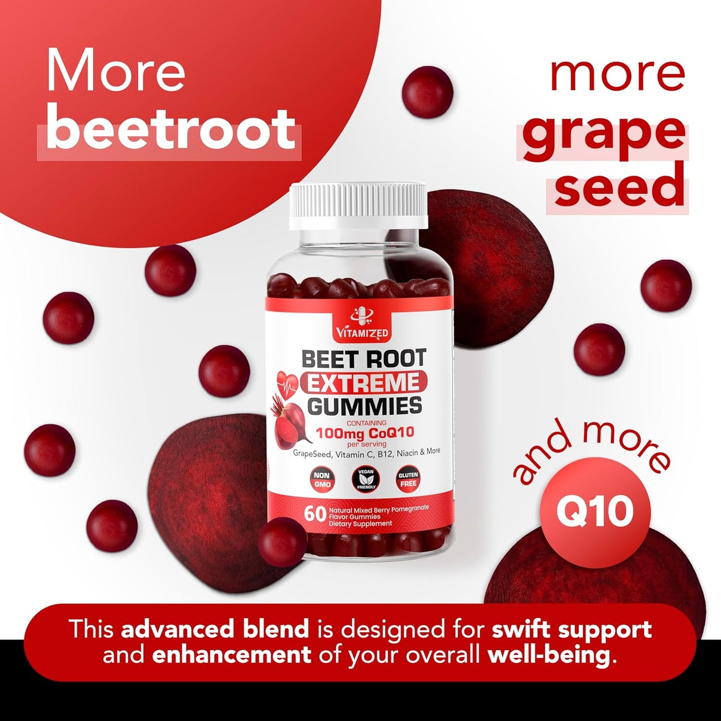 VITAMIZED Beetroot & COQ10 Gummies with Grape Seed Extract - 1500mg Circulation Energy Boost - Gluten Free - 60 Count