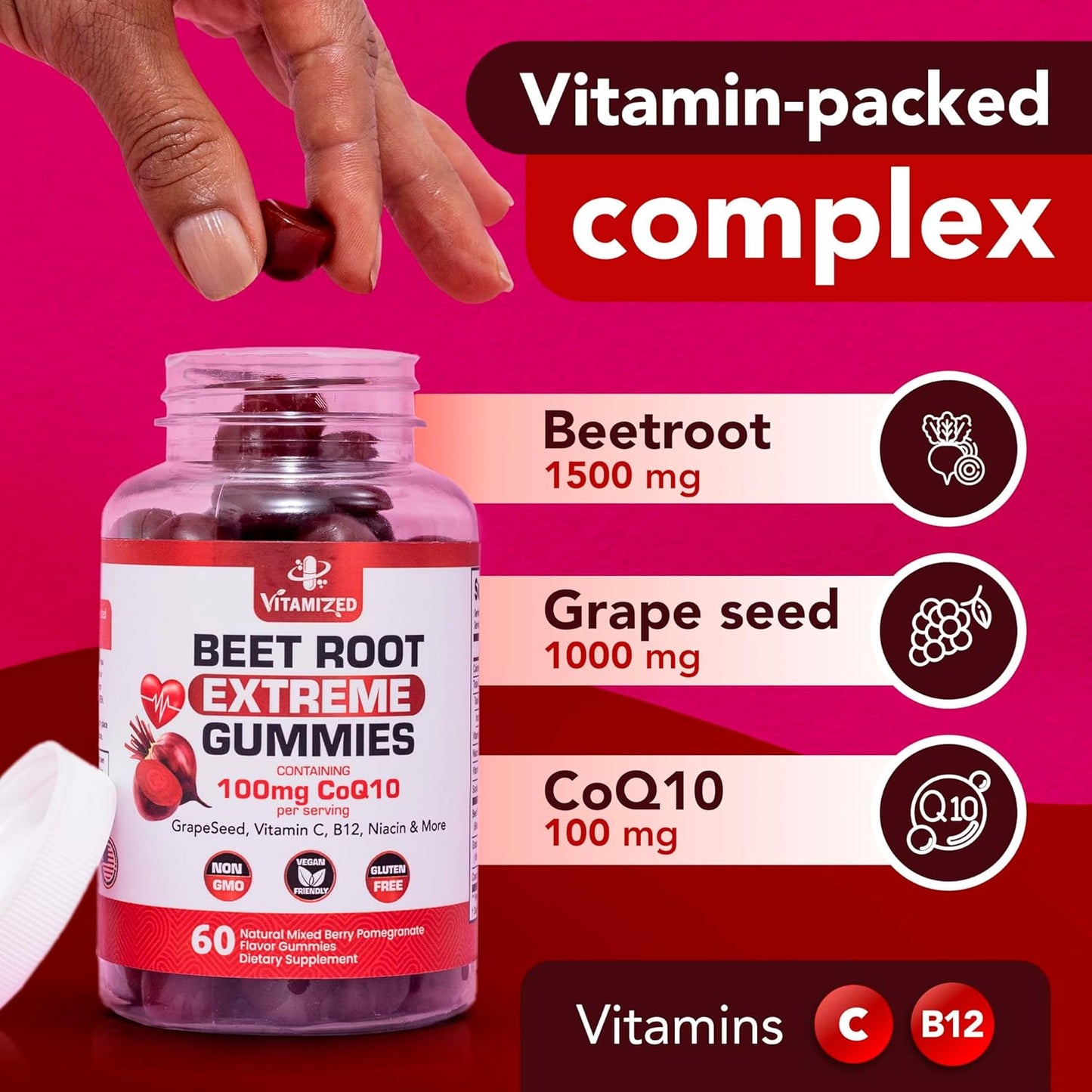 VITAMIZED Beetroot & COQ10 Gummies with Grape Seed Extract - 1500mg Circulation Energy Boost - Gluten Free - 60 Count