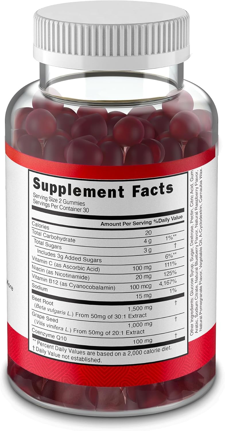VITAMIZED Beetroot & COQ10 Gummies with Grape Seed Extract - 1500mg Circulation Energy Boost - Gluten Free - 60 Count