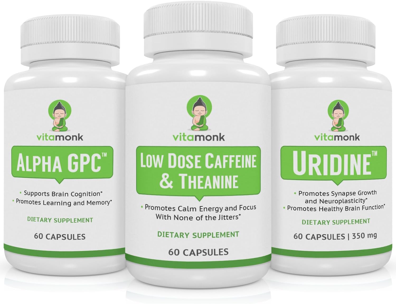 VitaMonk Brain Boost Bundle with Alpha GPC, Uridine, Low Dose Caffeine, and L-Theanine Duo