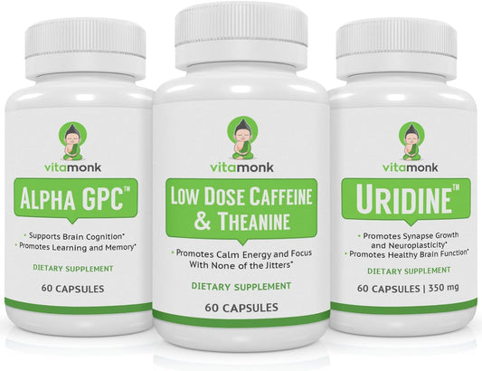 VitaMonk Brain Boost Bundle with Alpha GPC, Uridine, Low Dose Caffeine, and L-Theanine Duo