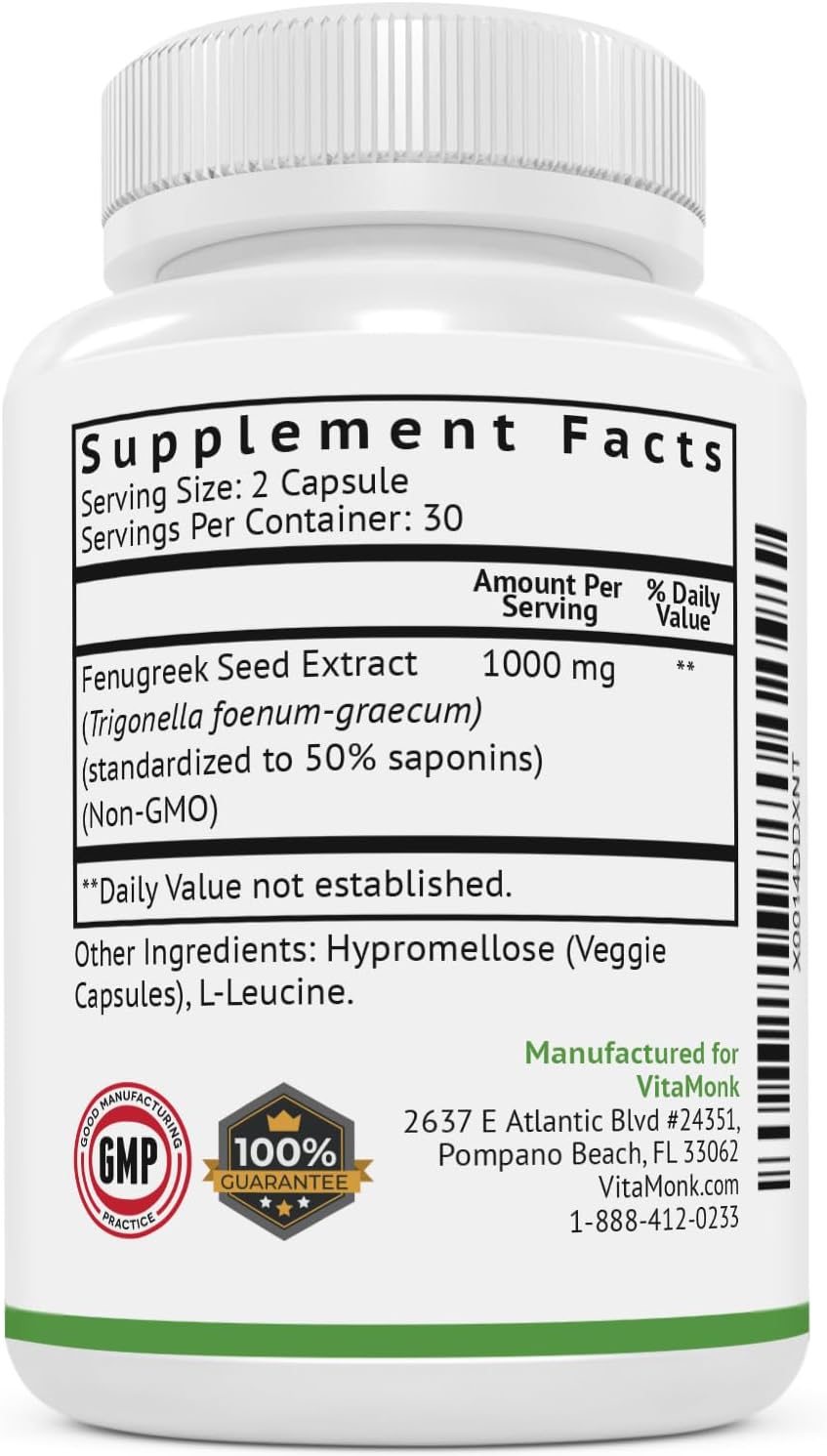 VitaMonk FenuTrax™ Fenugreek Extract - 50% Fenuside Standardized - High Furostanol Glycoside - 60 Capsules
