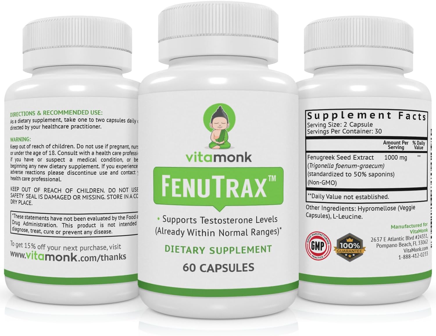 VitaMonk FenuTrax™ Fenugreek Extract - 50% Fenuside Standardized - High Furostanol Glycoside - 60 Capsules