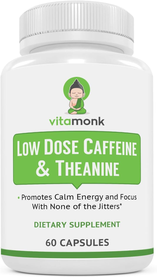 VitaMonk Low Dose Caffeine & L-Theanine Pills - No Jitters, No Crash - 25mg Caffeine & Theanine Capsules with Theobromine - 60 Count