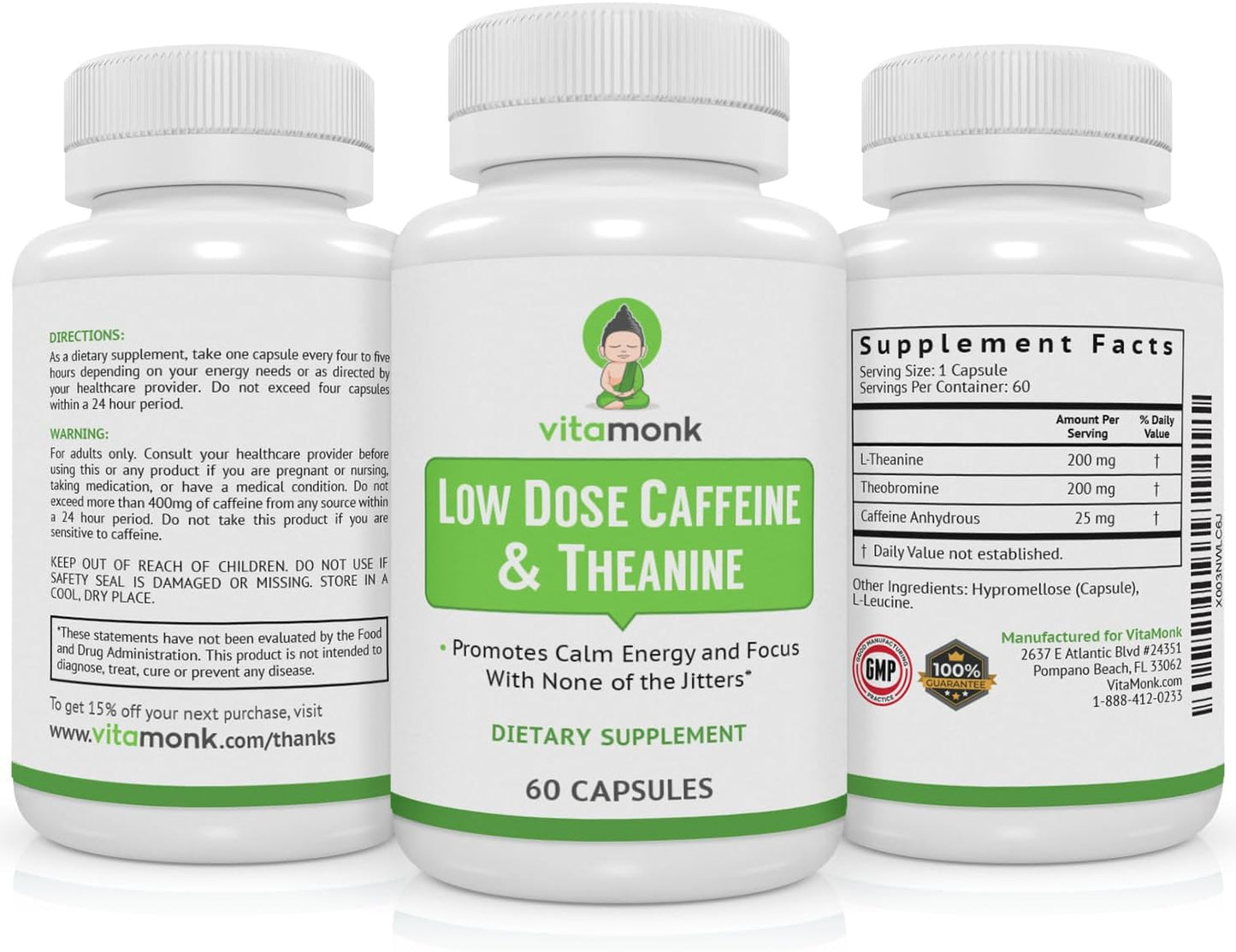 VitaMonk Low Dose Caffeine & L-Theanine Pills - No Jitters, No Crash - 25mg Caffeine & Theanine Capsules with Theobromine - 60 Count