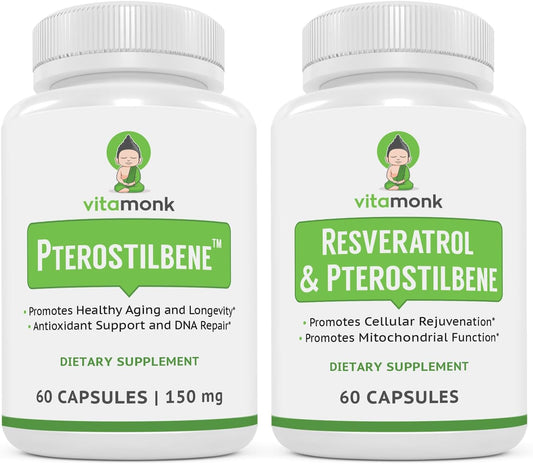 VitaMonk Resveratrol and Pterostilbene Longevity Combo Pack - Antioxidant Support for Aging Defense