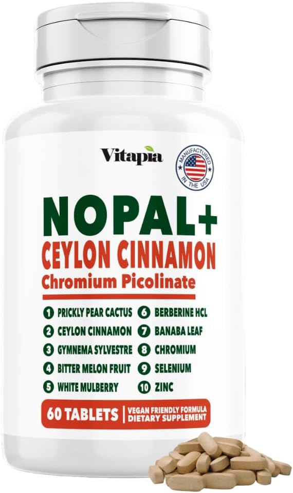 Vitapia 10-in-1 Nopal Cactus Ceylon Cinnamon Supplement - Berberine HCl, Chromium Picolinate, Gymnema Sylvestre, Bitter Melon, White Mulberry Leaf Extract - 60 Vegan Capsules, Non-GMO, Gluten-Free