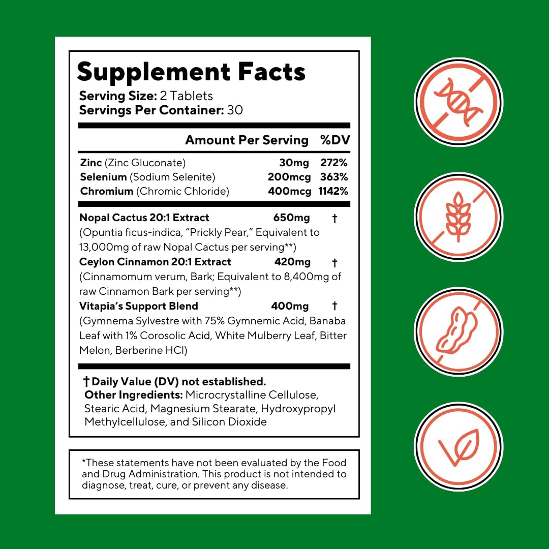 Vitapia 10-in-1 Nopal Cactus Ceylon Cinnamon Supplement - Berberine HCl, Chromium Picolinate, Gymnema Sylvestre, Bitter Melon, White Mulberry Leaf Extract - 60 Vegan Capsules, Non-GMO, Gluten-Free