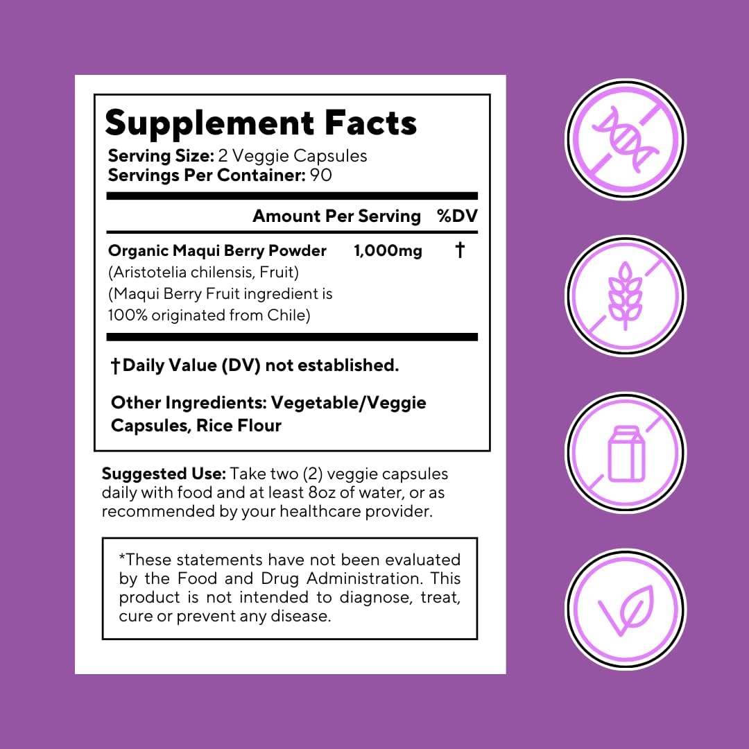 Vitapia Maqui Berry 1000mg Supplement - Vegan, Non-GMO, Gluten-Free - 180 Veggie Capsules