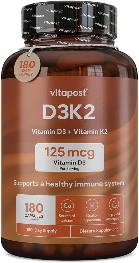 VitaPost D3 K2 Supplement with Calcium & BioPerine | Vitamin D3 and K2 for Bone, Heart, and Muscle Health | 180 Capsules