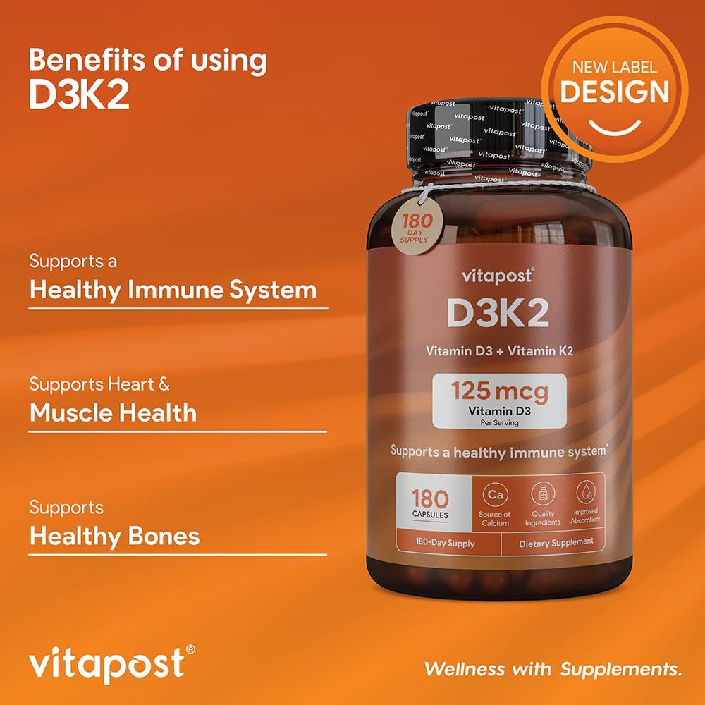 VitaPost D3 K2 Supplement with Calcium & BioPerine | Vitamin D3 and K2 for Bone, Heart, and Muscle Health | 180 Capsules