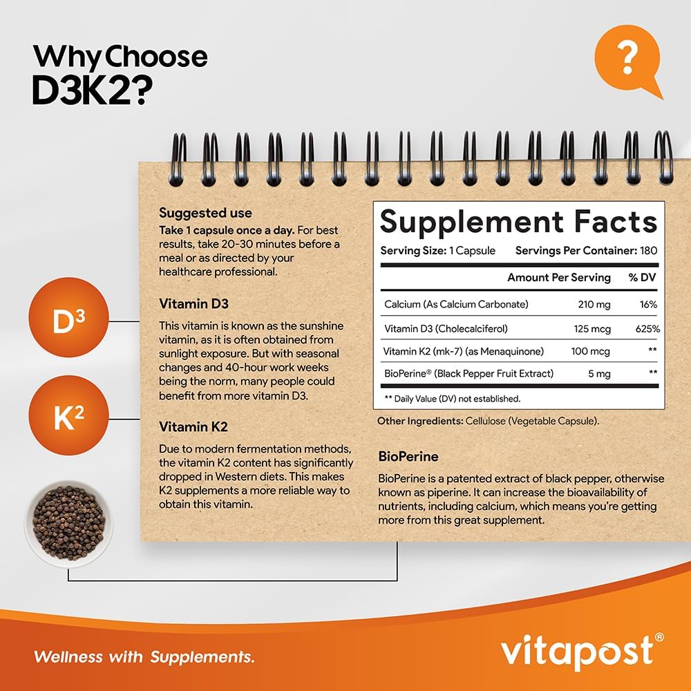 VitaPost D3 K2 Supplement with Calcium & BioPerine | Vitamin D3 and K2 for Bone, Heart, and Muscle Health | 180 Capsules
